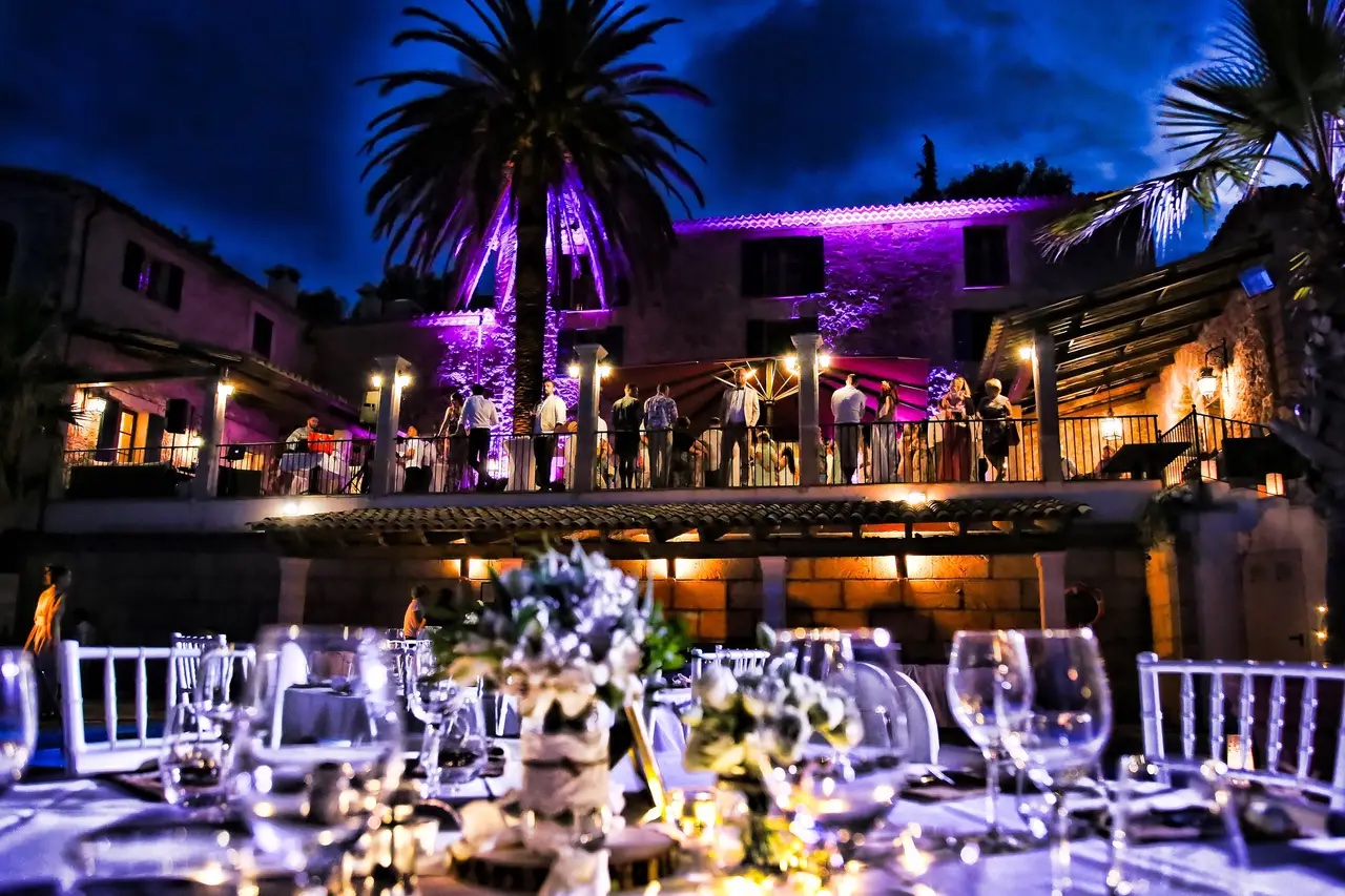 Outdoor summer restaurant terrace with panoramic views of Palma and the Tramuntana mountains