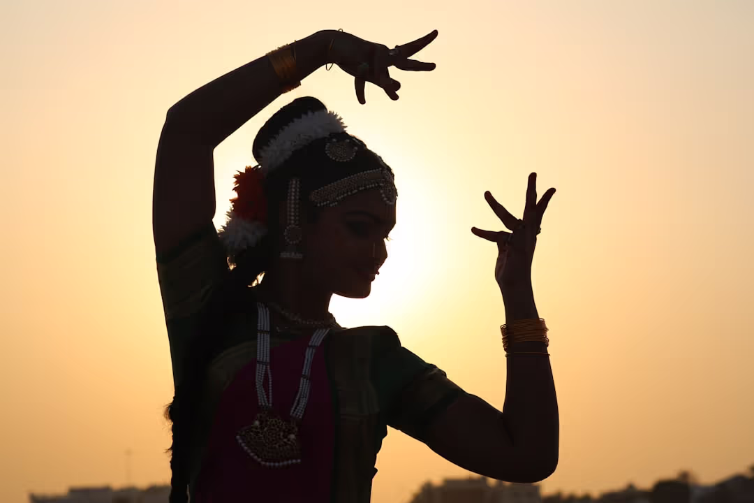 Podcast thumbnail showing classical Indian dance mudras