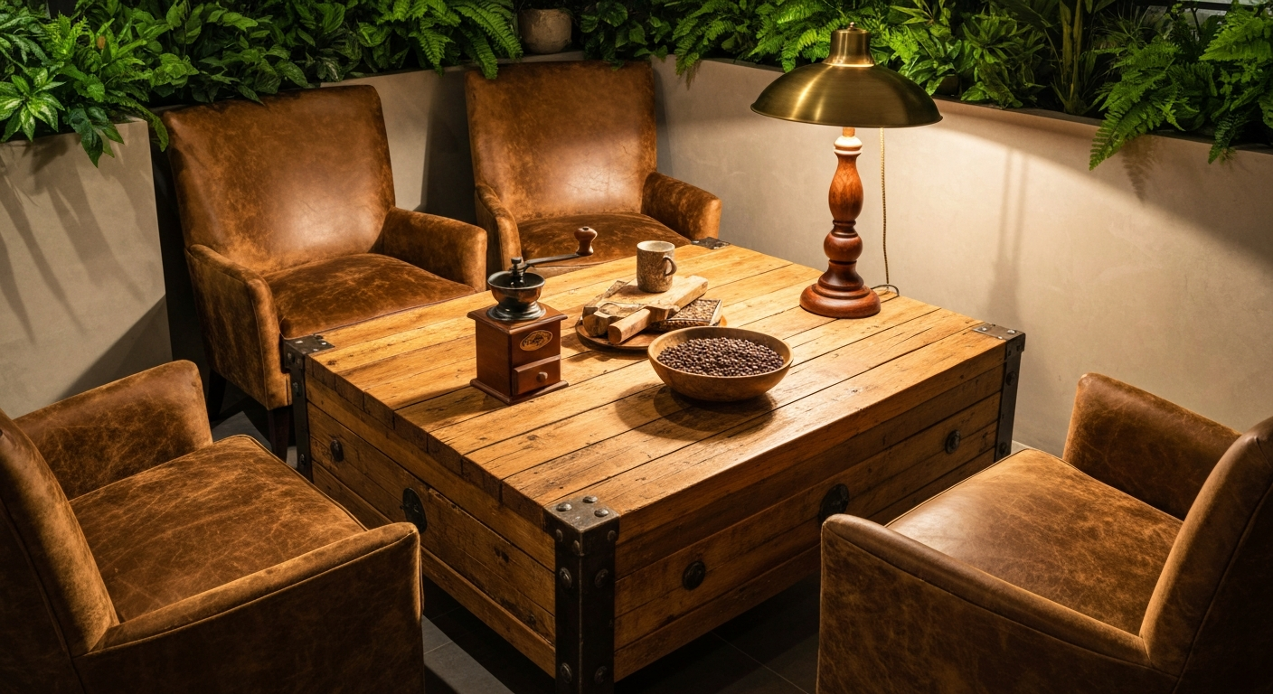 A person relaxing with a book and coffee in a cozy leather armchair, bathed in warm light.