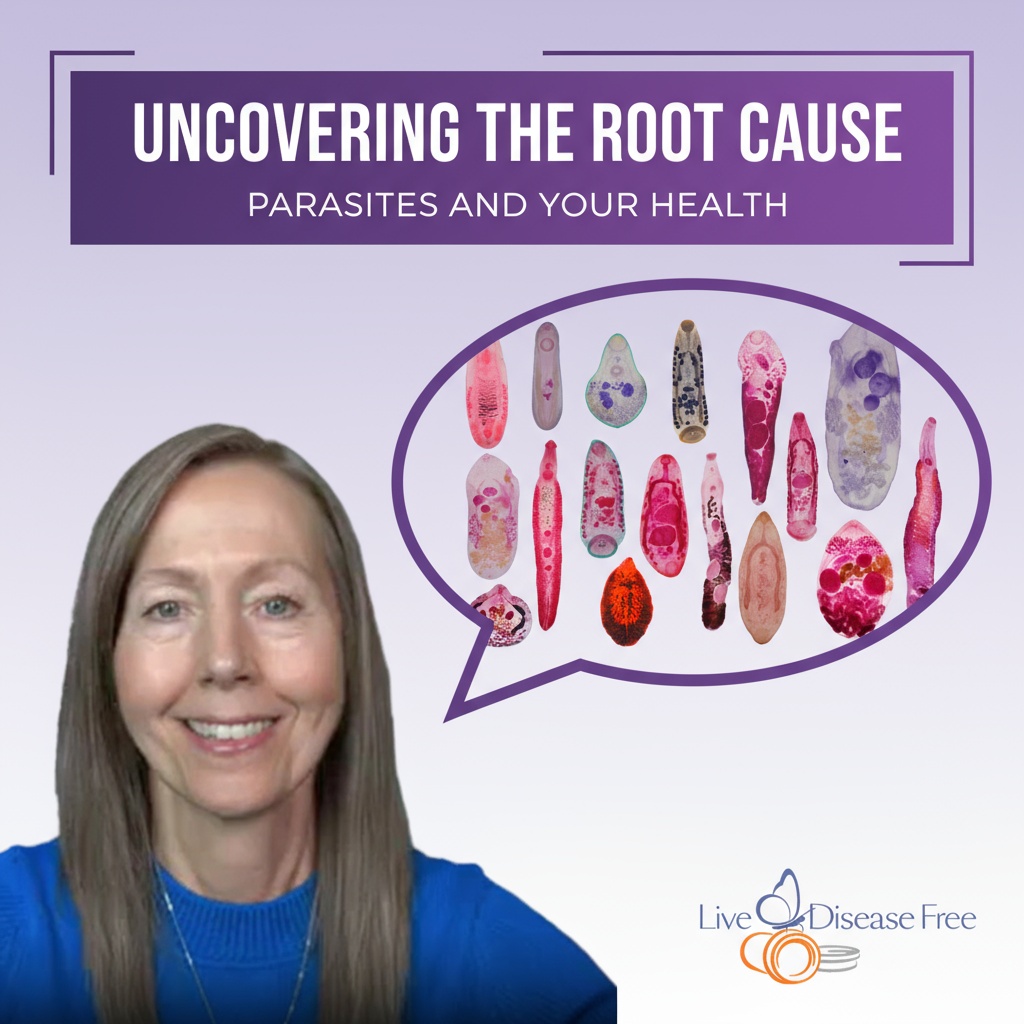 A woman smiles in front of a graphic titled 'Uncovering the Root Cause of Multiple Sclerosis: Parasites and Your Health,' featuring illustrated parasites in a speech bubble. 