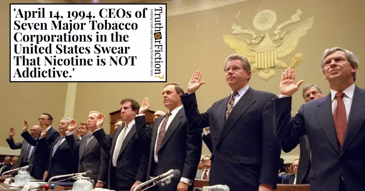 1990s US Congress hearing still frame. “Historic 1994 congressional hearing on tobacco executives — origin of the nicotine addiction narrative.”