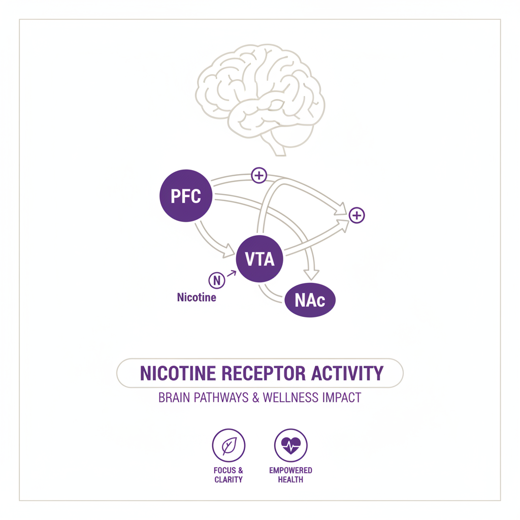 Brain illustration with neural pathways. Diagram of brain pathways affected by nicotine receptor activity.
