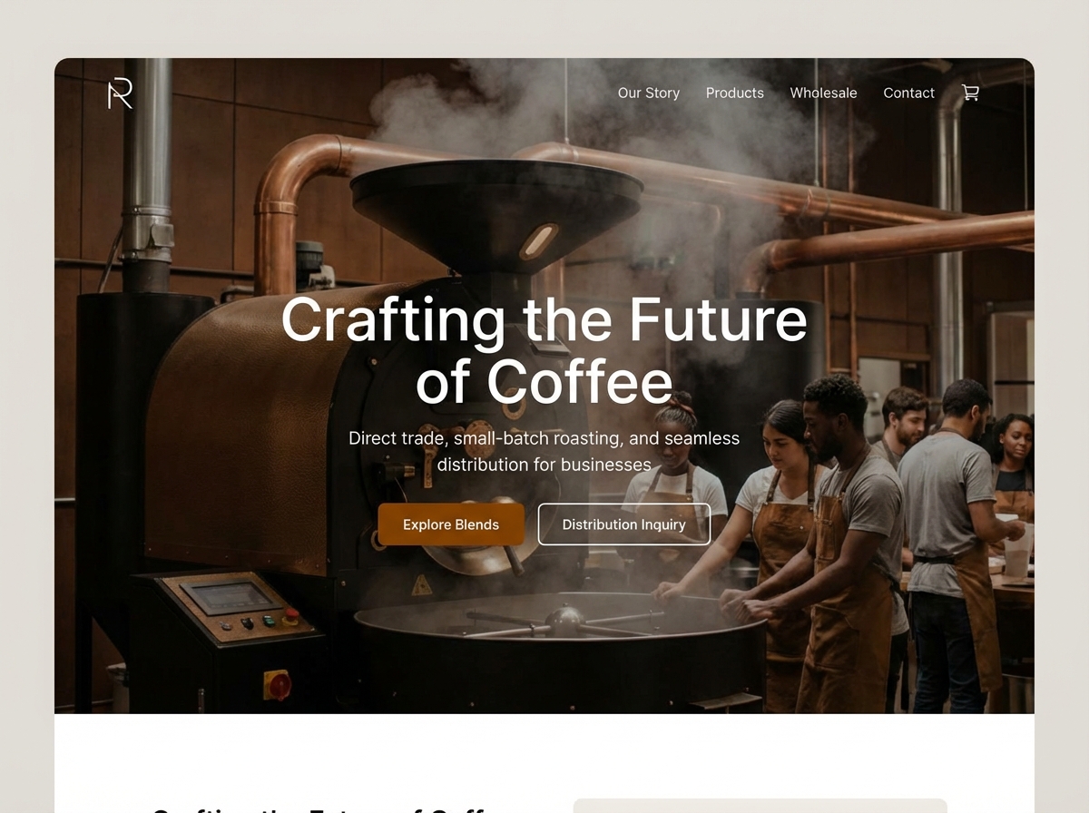Elevate Your <span style='color: black;'>Coffee Roasting &</span> <span style='background-image: linear-gradient(to right, #0070f3, #4CAF50); -webkit-background-clip: text; -webkit-text-fill-color: transparent;'>Distribution Business</span> website preview
